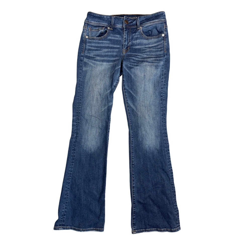 American Eagle Kick Boot Super Stretch Blue Denim Jeans Size 8 Regular - Picture 1 of 9
